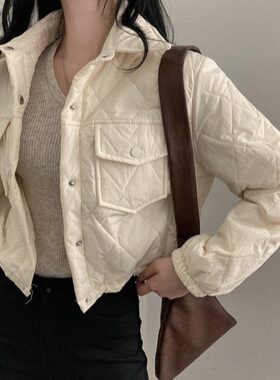 棉衣外套女冬季穿搭chic复古棉服抽绳系扣收腰宽松翻领长袖短上衣