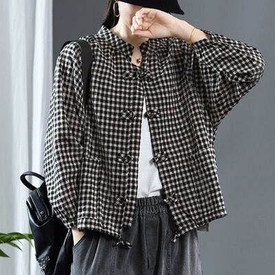 2026春季新款大码复古盘扣格子棉开衫女抽绳摆格纹上衣外套女衬衫