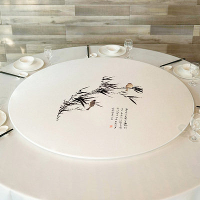 高档酒店中国风转盘套商务宴会荷花竹鱼大圆餐桌布玻璃转盘装饰罩