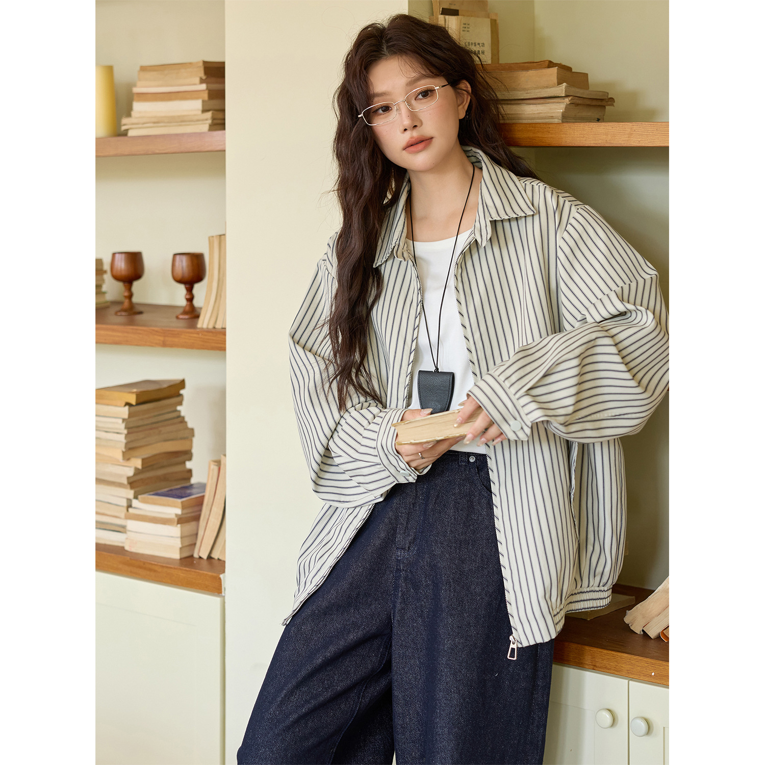 大码女装翻领条纹夹克外套衬衣女纯棉外套设计感小众街头潮流上衣