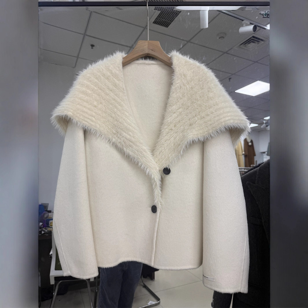 2025秋冬双面羊毛大衣小个子针织拼接韩版款大翻领短款外套女