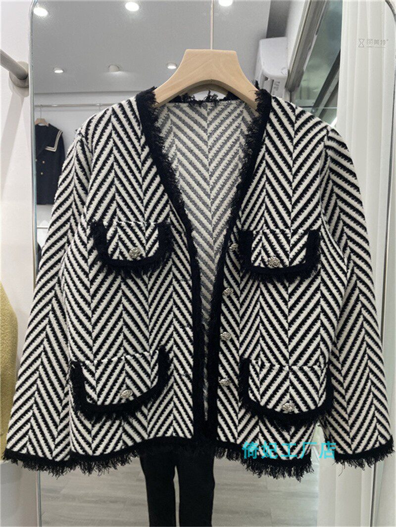 欧洲站2022早秋冬外套女珍珠绒不起球通勤短款上衣新款单排扣条纹
