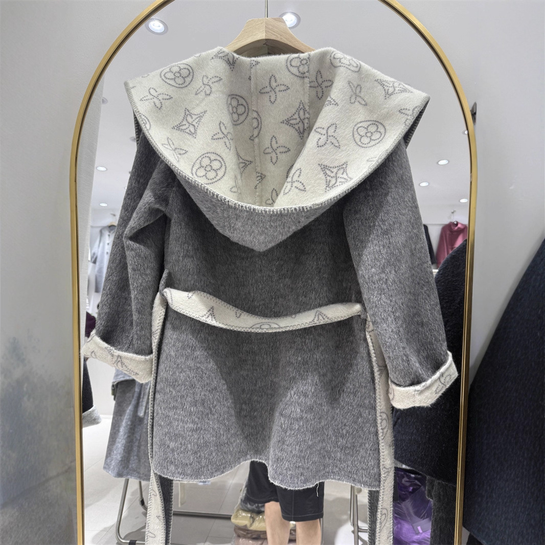 通勤提花羊毛大衣女小个子秋冬新款韩系系带连帽中长款毛呢