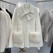 2024秋冬小香风斗篷大衣女中长款 外套蝴蝶结仿狐狸毛领富家千金款