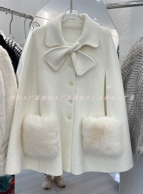 2024秋冬小香风斗篷大衣女中长款外套蝴蝶结仿狐狸毛领富家千金款