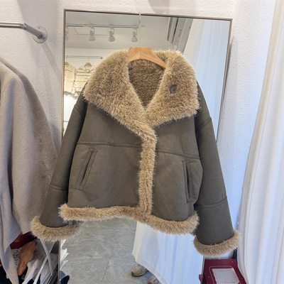 仿羊羔毛皮毛一体短外套女秋季新款小个子加绒加厚保暖棉衣棉服