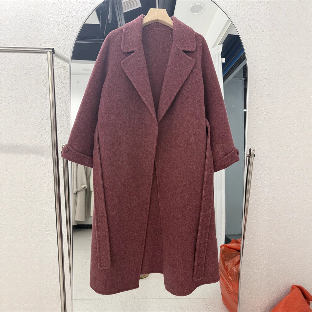 秋冬双面呢羊绒大衣加长款羊毛外套设计感西装领系带