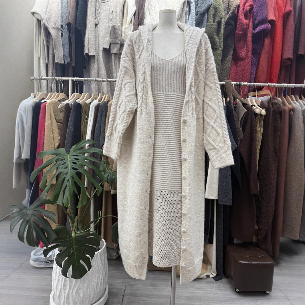 韩版洋气连帽针织开衫外套长款2025春秋新款慵懒风大衣