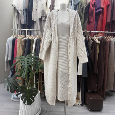 韩版洋气连帽针织开衫外套长款2025春秋新款慵懒风大衣