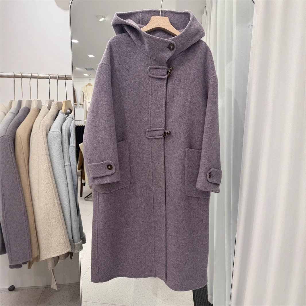 韩系连帽双面羊毛大衣女长款加厚牛角扣新款羊毛呢子米色