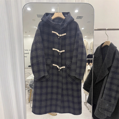 2025秋冬新款双面羊毛大衣韩版宽松显瘦加长款格子连帽东大门韩系