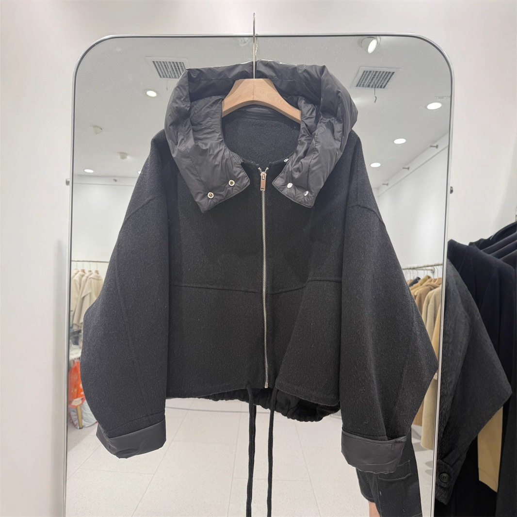 欧韩羽绒帽羊毛双面呢大衣女短款设计感宽松休闲款大衣拼接款外套