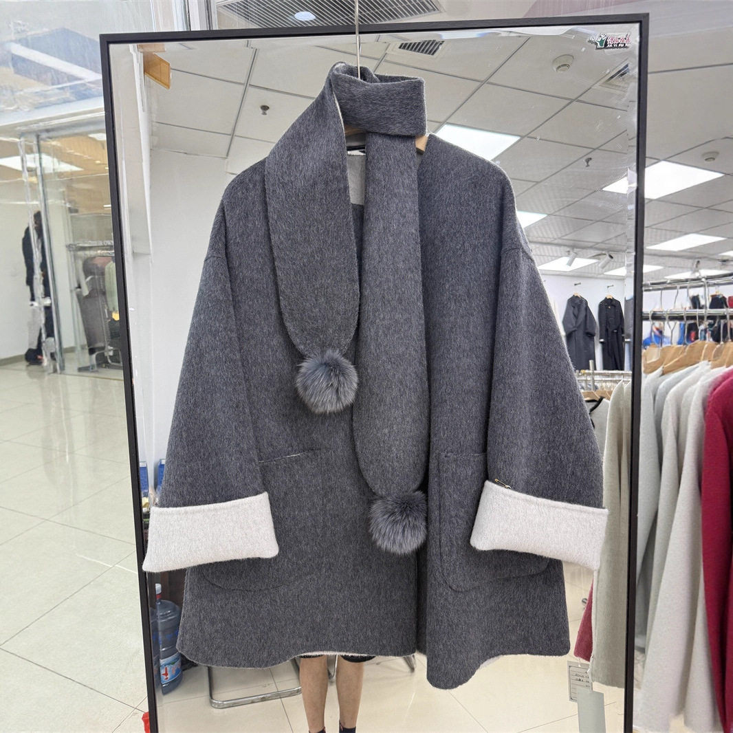 羊毛双面呢大衣小围巾双面手缝羊毛大衣中长款秋冬小个子外套毛球