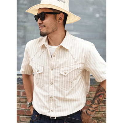 沾酱 西部风短袖条纹工装衬衫男 夏季宽松男士短袖 休闲 复古咔叽