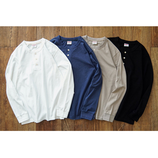 亨利领长袖 纯色圆领男士 T恤男 纯棉 t恤 复古纯棉亨利领长袖 沾酱