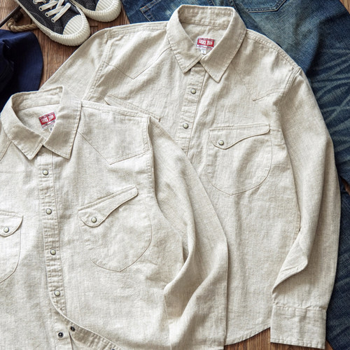 沾酱 西部风苎麻衬衫男 西部牛仔衬衣 男士长袖纯色麻休闲咔叽潮