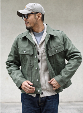 沾酱 硫化绿原浆牛仔夹克男 复古工装纯棉外套男OG107咔叽赤耳潮