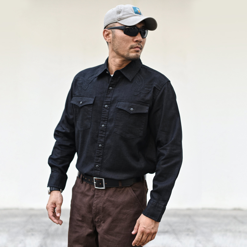 沾酱 苎麻混纺绣花衬衫黑色男士长袖纯色休闲 秋冬衬衣 咔叽复古