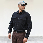 秋冬衬衣 沾酱 咔叽复古 长袖 纯色休闲 苎麻混纺绣花衬衫 黑色男士