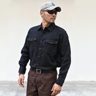 沾酱 苎麻混纺绣花衬衫黑色男士长袖纯色休闲 秋冬衬衣 咔叽复古