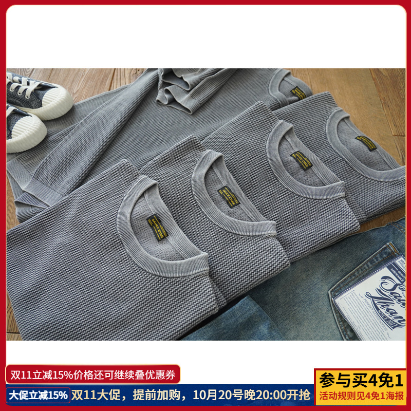 沾酱 夏季短袖网格毛织圆领T恤夏季宽松上衣美式复古咔叽针织休闲