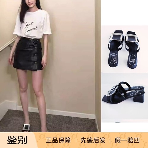 补货爆款现货Roger Vivier RV方扣方头粗跟露趾穆勒凉拖鞋凉鞋
