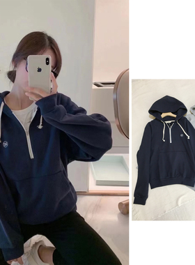 明星同款国内现货正品RECTO刺绣logo半拉链连帽休闲运动卫衣