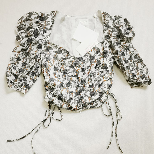 国内现货24春夏ISABEL MARANT Etoile碎花V领复古中袖飘带衬衫