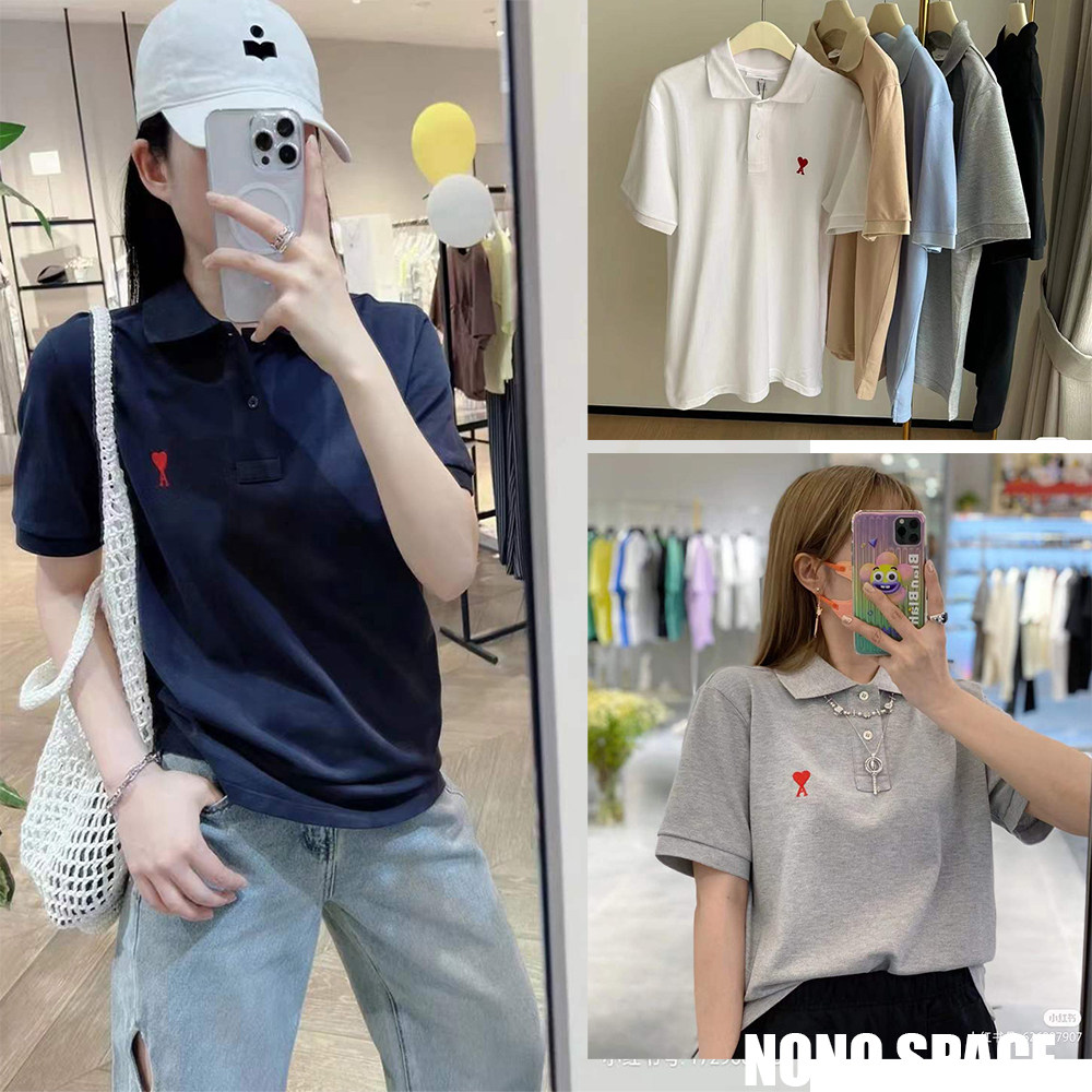 爆款补货春夏ami左胸刺绣爱心宽松纯棉短袖t恤polo衫男女同款