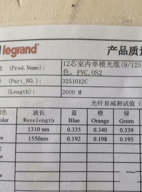 罗格朗室内光纤12芯 黄色千兆单模OS2光缆全新原装型号3251012C