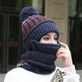 冬天帽子女加绒保暖毛线帽围巾围脖口罩女骑车护耳帽时尚 针织帽