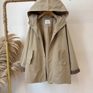 中长款 2026韩版 百搭长袖 新款 连帽风衣外套女 休闲纯色宽松上衣春季