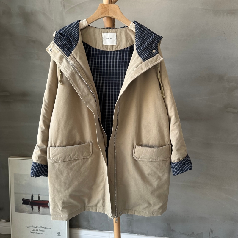 2025冬季新款加厚中长款连帽拼色格子连帽夹棉棉衣棉服外套女