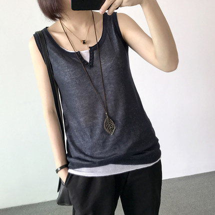 夏装新款文艺无袖亚麻宽松大码假两件套V领扣子背心打底衫女上衣