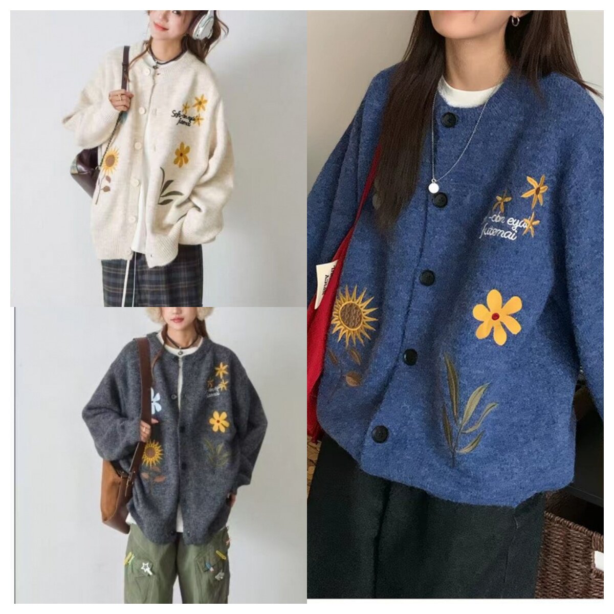 美式复古学院风花卉刺绣开衫毛衣