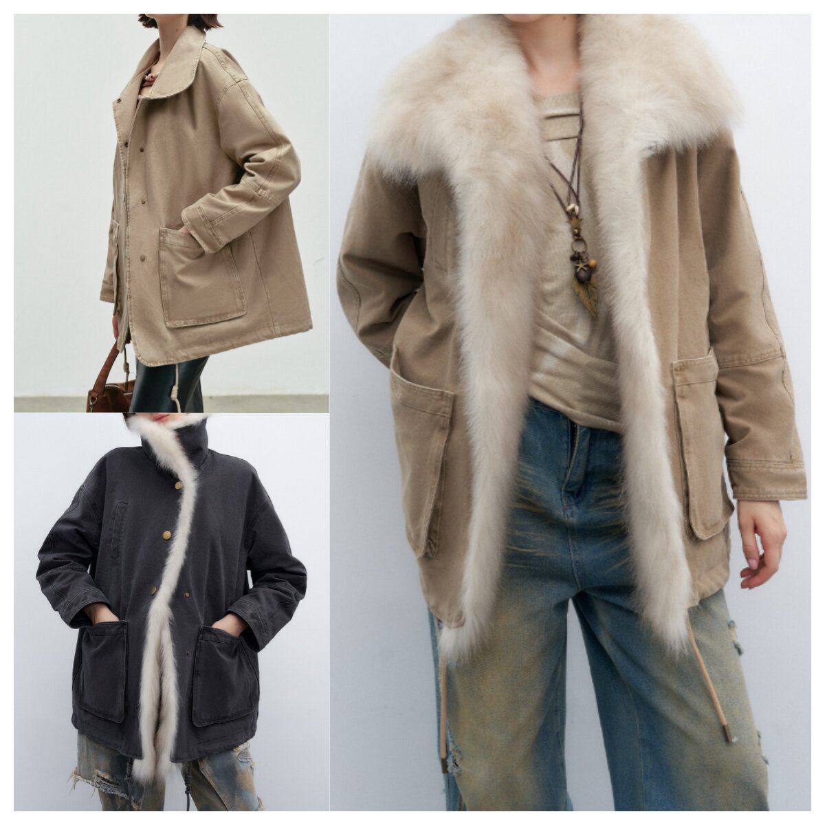 冬季仿狐毛领工装拼接厚款派克服