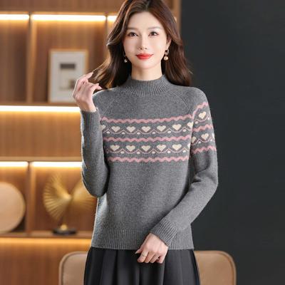秋冬新款半高领毛衣女宽松加厚提花内搭洋气羊毛打底衫针织衫上衣