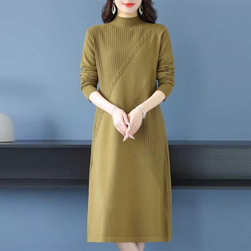 秋冬新款半高领针织连衣裙女中长款过膝配大衣内搭打底衫毛衣裙女