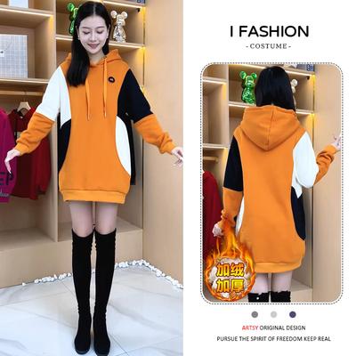 欧洲站百搭拼色休闲连帽外套女装2025冬季新款加绒加厚中长款卫衣
