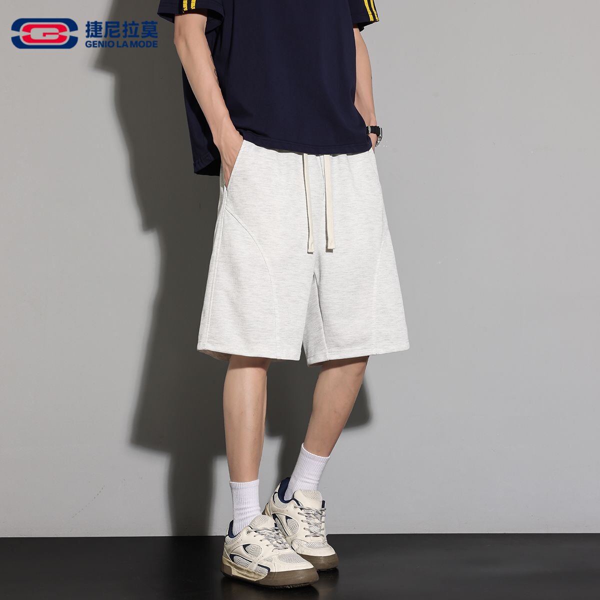 爱肯夏季简约休闲时尚抽绳短裤男女潮牌街头宽松阔腿五分卫裤m