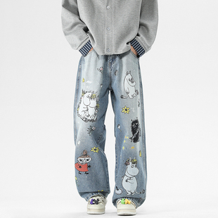 【敖瑞鹏代言】GENIOLAMODE牛仔裤男女同款直筒阔腿涂鸦美式裤子