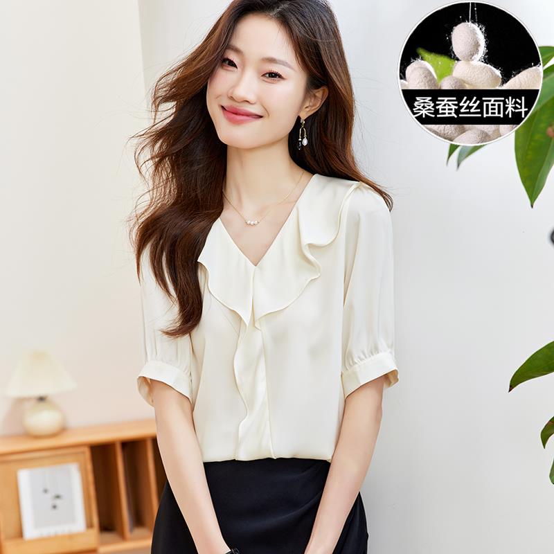 真丝短袖桑蚕丝上衣女轻奢高级感2025新款高端品牌白色衬衫女短袖