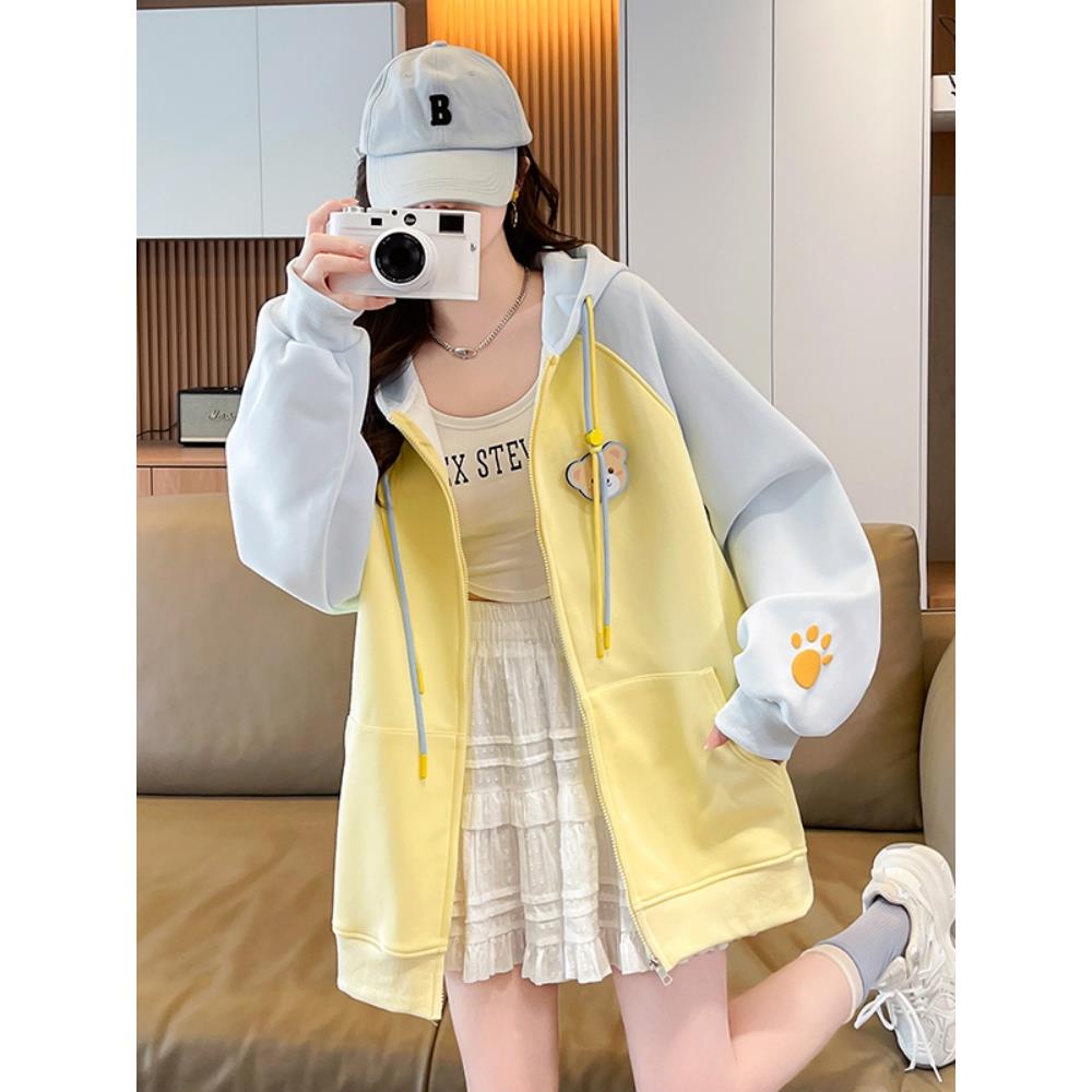 春秋季少女拼色袖小熊棒球服外套女韩系学院风初高中学生休闲上衣