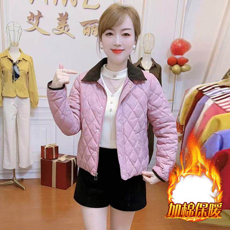 时尚翻领菱格棉服女款2025新款冬季加绒棉衣加厚保暖长袖开衫外套