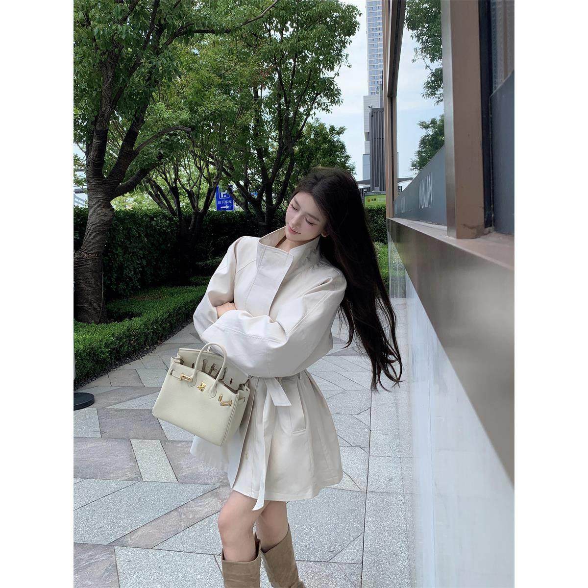 高级感气质立领长袖风衣外套女秋季英伦风绑带收腰中长款开衫大衣