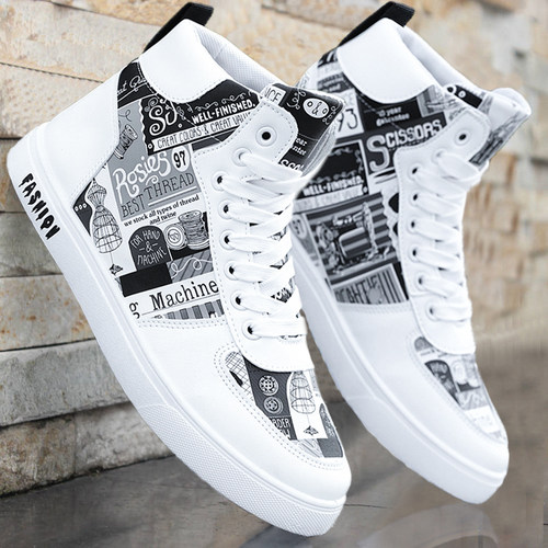 男鞋2026新款男士高帮板鞋潮流百搭运动休闲鞋涂鸦高帮德训鞋潮鞋