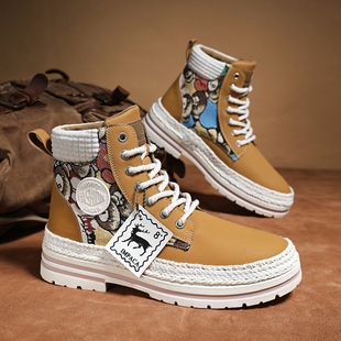卡通印花高帮马丁靴男厚底系带休闲短靴防滑潮鞋 新款 2026春季 男鞋