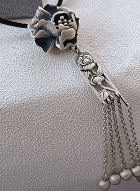 990足银纯手工复古雕刻富贵牡丹花开流苏吊坠女士项链挂坠银项链