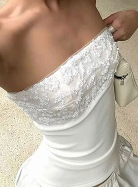 Splicing strapless one neck top for women 拼接抹胸一字领上衣