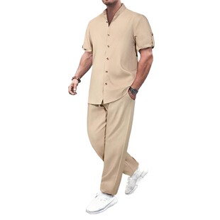 中老年家居服春夏短袖衬衫长裤套装男式休闲立领衬衣爸爸夏季套装